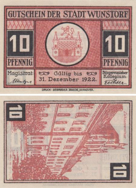  Бона. Германия. Вунсторф 10 пфеннигов 1922 год. Нотгельд. (XF) 