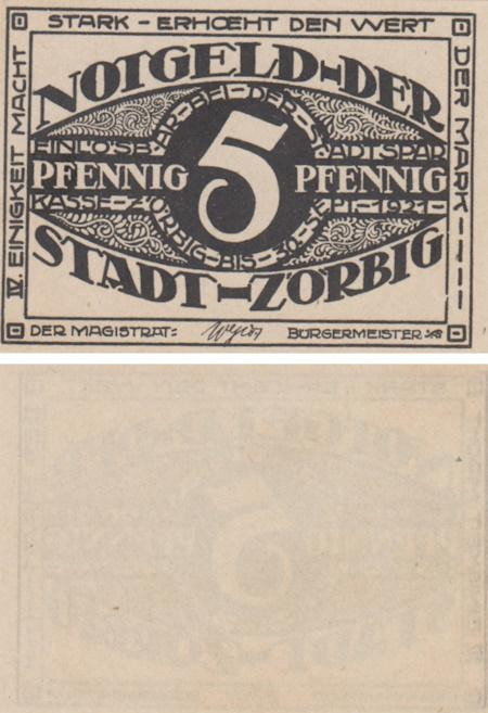  Бона. Германия. Цёрбиг 5 пфеннигов 1921 год (вариант 2). Нотгельд. (XF) 