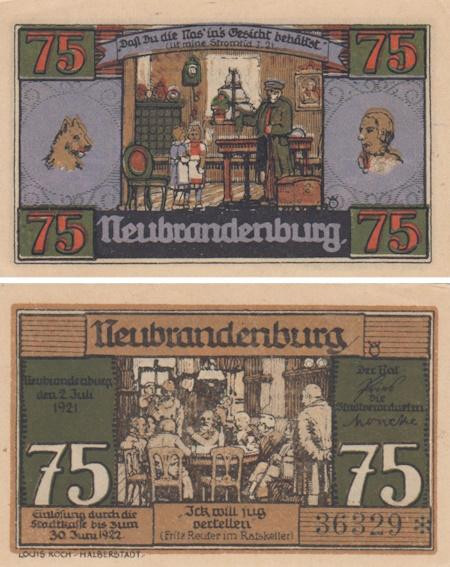  Бона. Германия. Нойбранденбург 75 пфеннигов 1921 год (вариант 3). Нотгельд. (XF) 