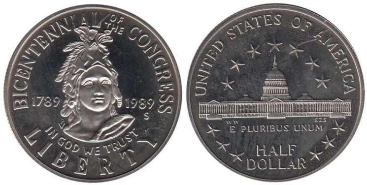  США. 1/2 доллара 1989 год. 200 лет Конгрессу. 