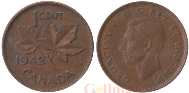  Канада. 1 цент 1942 год. Кленовый лист. 