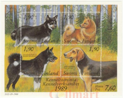 Почтовый блок. Финляндия 1989 год. Финские породы собак.