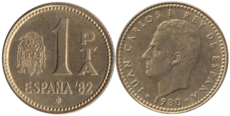  Испания. 1 песета 1980 год. Чемпионат мира по футболу 1982. (82 внутри звезды) 