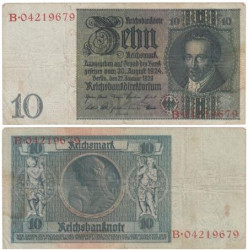 Бона. Веймарская республика 10 рейхсмарок 1929 год. Альбрехт Даниель Тэер. (фоновая буква P) (F)