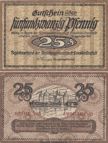  Бона. Германия. Дрезден - Нойштадт 25 пфеннигов 1921 год. Нотгельд. (VF) 