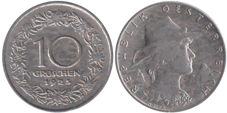 Австрия. 10 грошей 1925 год. Женщина из Тироля. 