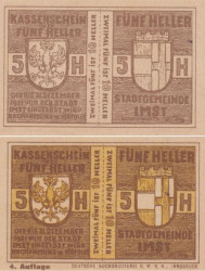 Бона. Австрия. Имст 10 (5+5) геллеров 1921 год (4-я редакция). Нотгельд. (XF)