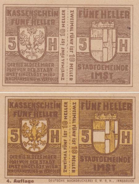  Бона. Австрия. Имст 10 (5+5) геллеров 1921 год (4-я редакция). Нотгельд. (XF) 