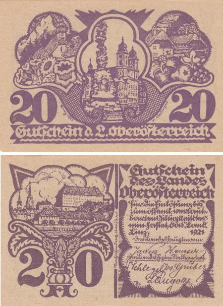 Бона. Австрия. Региональные выпуски - Верхняя Австрия 20 геллеров 1921 год. Нотгельд. (VF) 