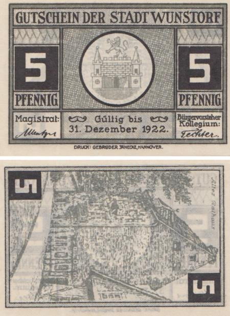  Бона. Германия. Вунсторф 5 пфеннигов 1922 год. Нотгельд. (XF) 
