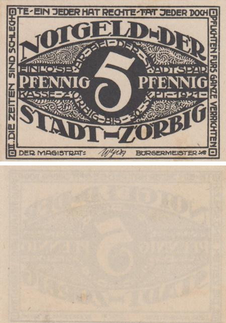  Бона. Германия. Цёрбиг 5 пфеннигов 1921 год (вариант 3). Нотгельд. (XF) 