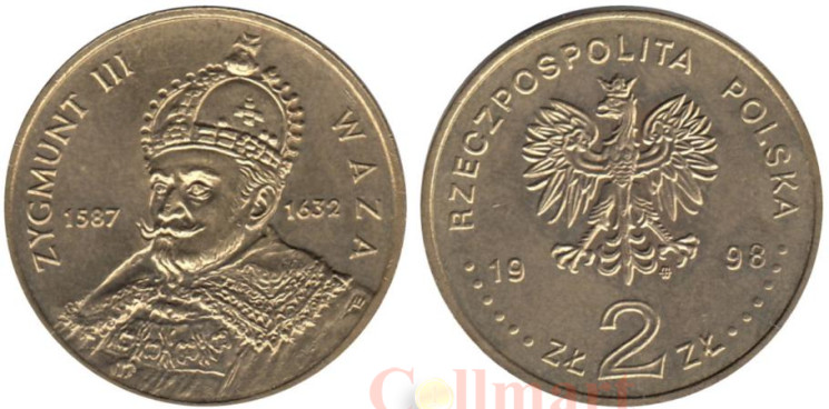  Польша. 2 злотых 1998 год. Сигизмунд III Ваза (1587-1632). 