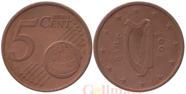  Ирландия. 5 евроцентов 2005 год. Арфа. 