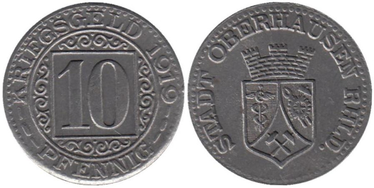  Германия. Оберхаузен. 10 пфеннигов 1919 год. Нотгельд. 