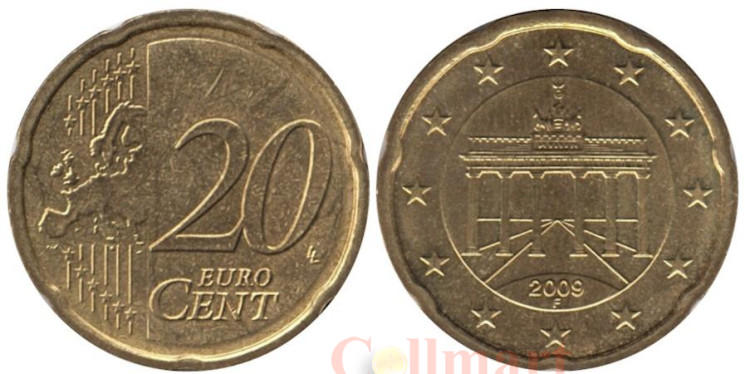  Германия. 20 евроцентов 2009 год. Бранденбургские ворота. (F) 
