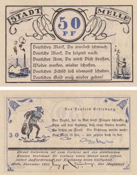  Бона. Германия. Мелле 50 пфеннигов 1921 год (вариант 1). Нотгельд. (XF) 