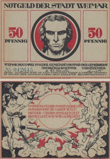  Бона. Германия. Веймар 50 пфеннигов 1921 год. Нотгельд красный. (XF) 