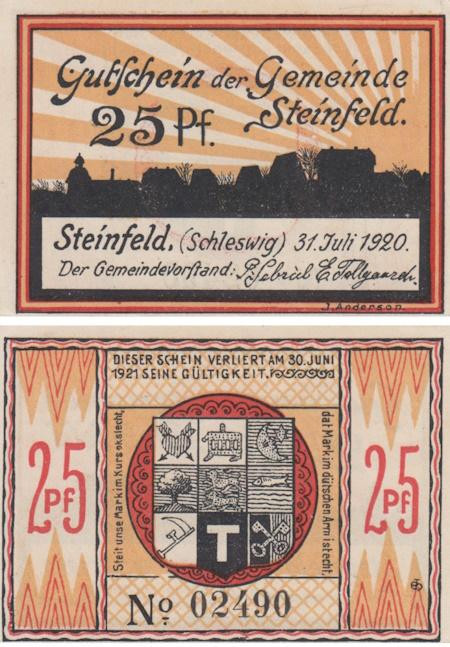  Бона. Германия. Штайнфельд (Шлезвиг) 25 пфеннигов 1920 год (вариант 2). Нотгельд. (XF) 