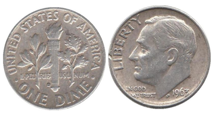  США. 1 дайм 1963 год. Рузвельт. (D) 