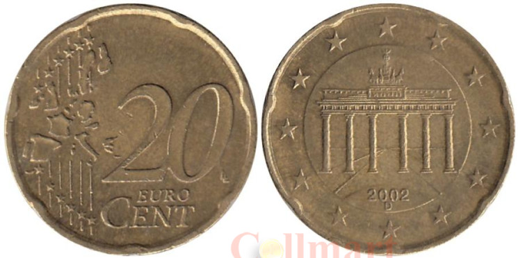  Германия. 20 евроцентов 2002 год. Бранденбургские ворота. (D) 