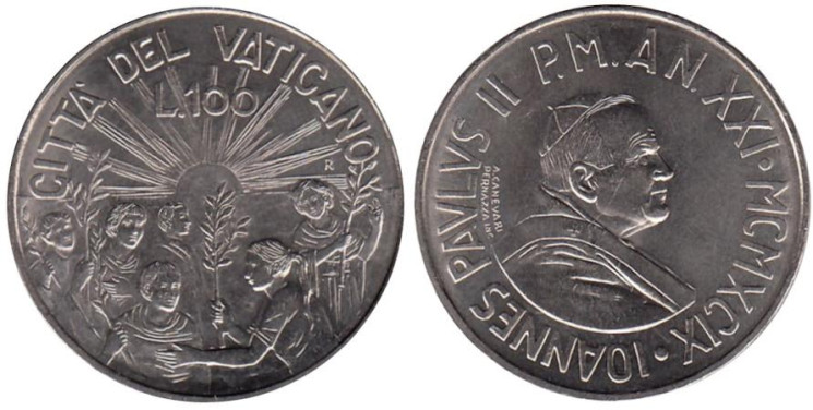  Ватикан. 100 лир 1999 год. Право на мир. 
