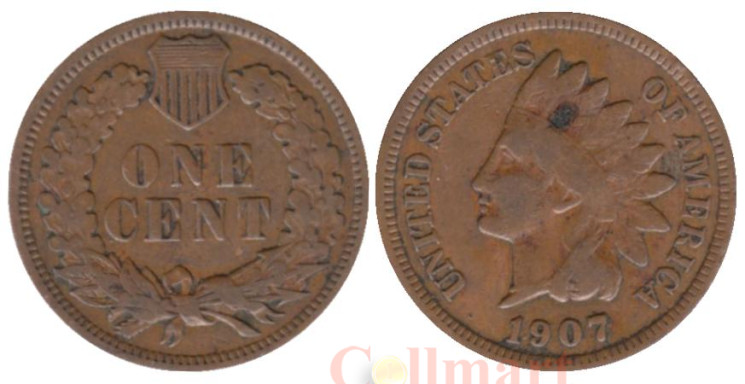  США. 1 цент 1907 год. Голова индейца. 