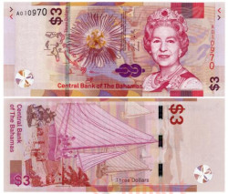 Бона. Багамы 3 доллара 2019 год. Королева Елизавета II. Парусные лодки. (Пресс)