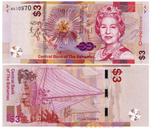  Бона. Багамы 3 доллара 2019 год. Королева Елизавета II. Парусные лодки. (Пресс) 