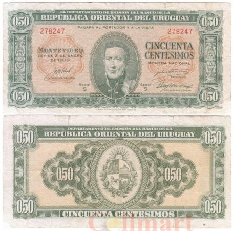  Бона. Уругвай 0,50 песо 1939 год. Генерал Хосе Хервасио Артигас. (G-VG) 