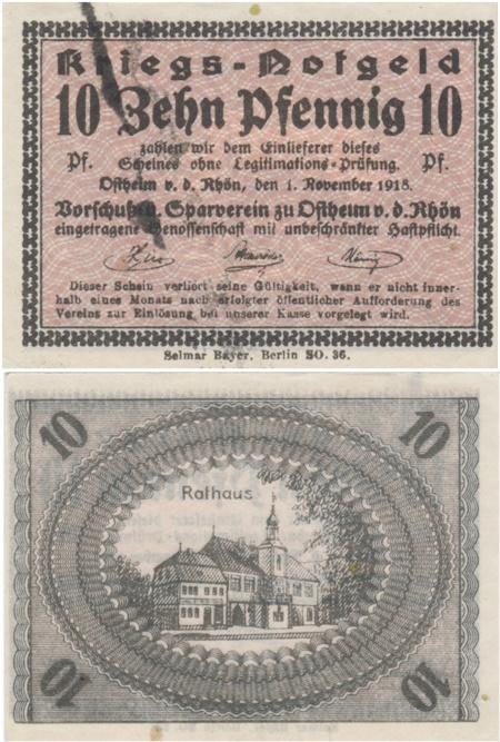  Бона. Германия. Остхайм-фор-дер-Рён 10 пфеннигов 1918 год. Нотгельд. (VF) 