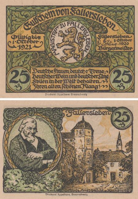  Бона. Германия. Фаллерслебен 25 пфеннигов 1920 год. Нотгельд. (XF) 
