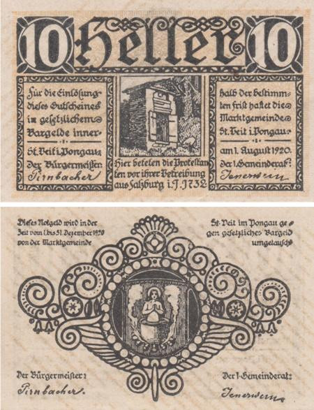  Бона. Австрия. Санкт-Файт-им-Понгау 10 геллеров 1920 год. Нотгельд. (XF) 