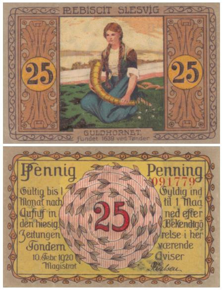  Бона. Германия. Тондерн 25 пфеннигов 1920 год. Девушка с золотым рогом. Нотгельд. (XF) 