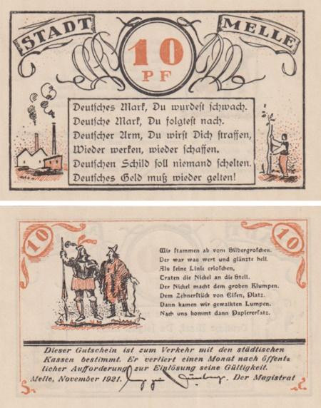  Бона. Германия. Мелле 10 пфеннигов 1921 год (вариант 1). Нотгельд. (XF) 