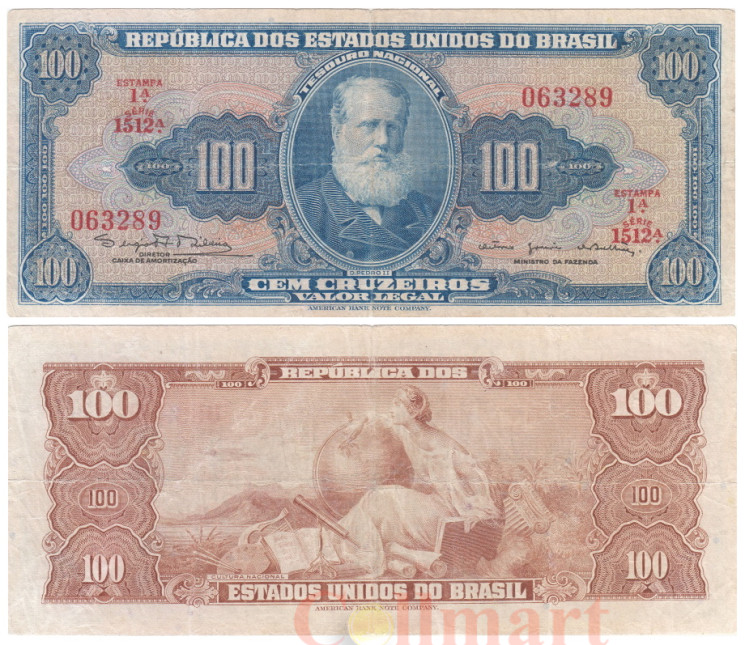  Бона. Бразилия 100 крузейро 1964 год. Педру II. (F) 