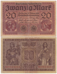 Бона. Германская империя 20 марок 1918 год. Минерва и Меркурий. (F-VF)
