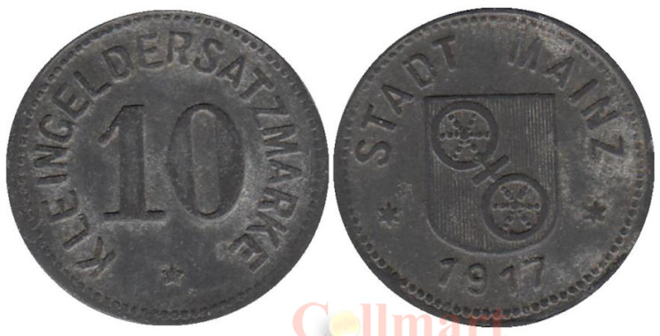  Германия. Майнц. 10 пфеннигов 1917 год. Нотгельд, круглая форма. 