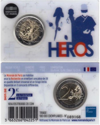 Франция. 2 евро 2020 год. Медицинские исследования, надпись "HEROS". (в открытке)
