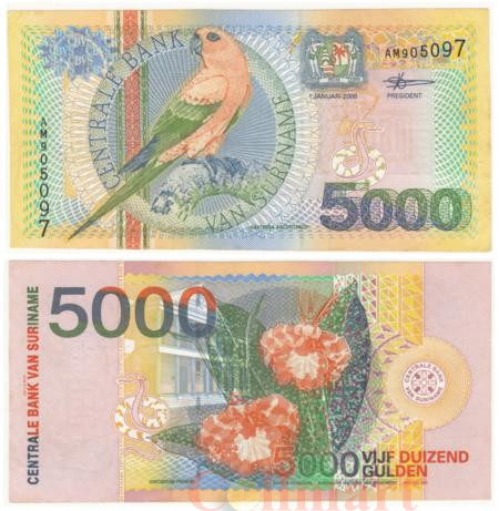  Бона. Суринам 5000 гульденов 2000 год. Солнечный попугай. (VF-XF) 