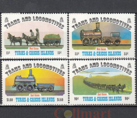  Набор марок. Теркс и Кайкос 1983 год. Трамваи и локомотивы. (4 марки) 