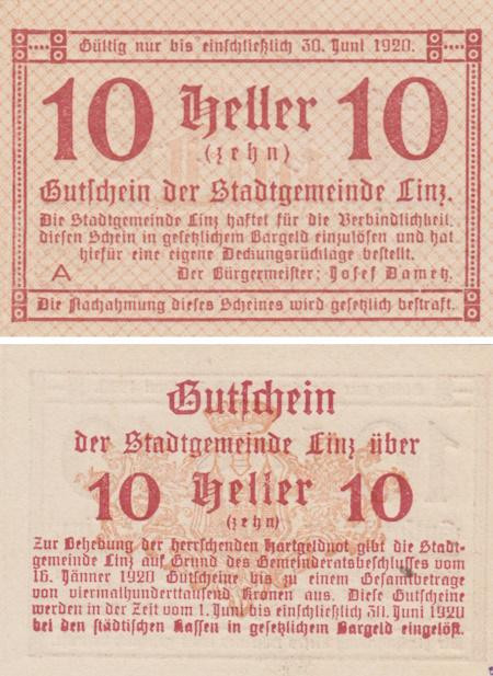  Бона. Австрия. Линц 10 геллеров 1920 год. Нотгельд. (XF) 