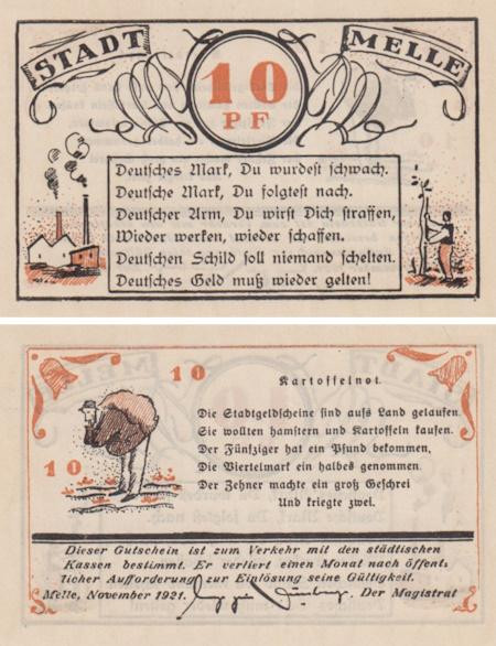  Бона. Германия. Мелле 10 пфеннигов 1921 год (вариант 2). Нотгельд. (XF) 
