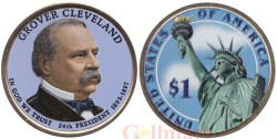 США. 1 доллар 2012 год. 24-й президент Гровер Кливленд (1885–1889). цветное покрытие.