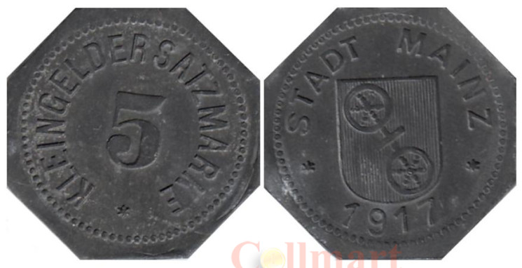  Германия. Майнц. 5 пфеннигов 1917 год. Нотгельд. 