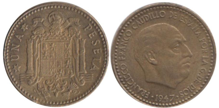  Испания. 1 песета 1947 год. Франсиско Франко. (54 внутри звезды) 