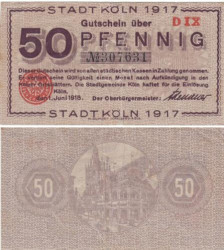 Бона. Германия. Кёльн 50 пфеннигов 1917 год. Нотгельд. (VF)