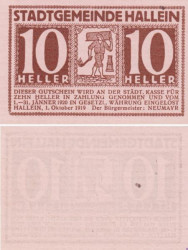 Бона. Австрия. Халлайн 10 геллеров 1920 год. Нотгельд. (XF)