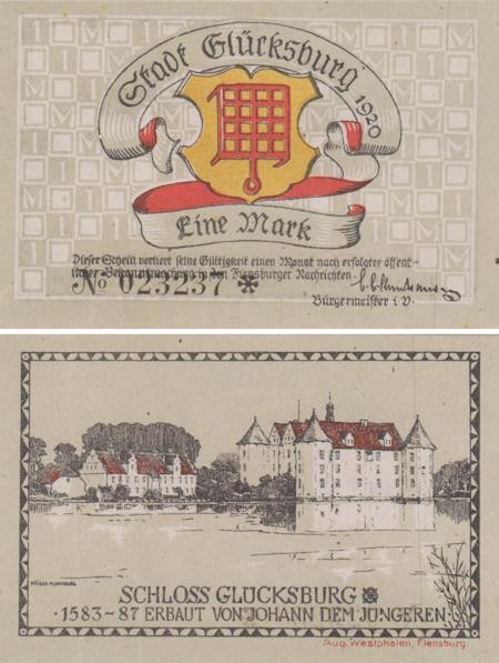  Бона. Германия. Глюксбург 1 марка 1920 год. Нотгельд. (XF) 