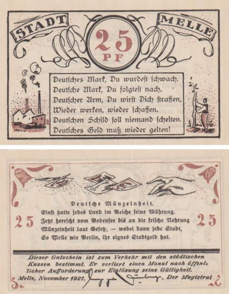  Бона. Германия. Мелле 25 пфеннигов 1921 год (вариант 1). Нотгельд. (XF) 