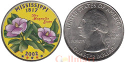 США. 25 центов 2002 год. Квотер штата Миссисипи. цветное покрытие (P).